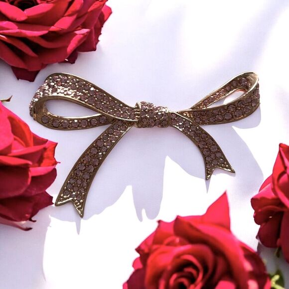 Bow Pink Rhinestone KENNETH J LANE Vintage Pin Brooch Gold - Picture 6 of 8